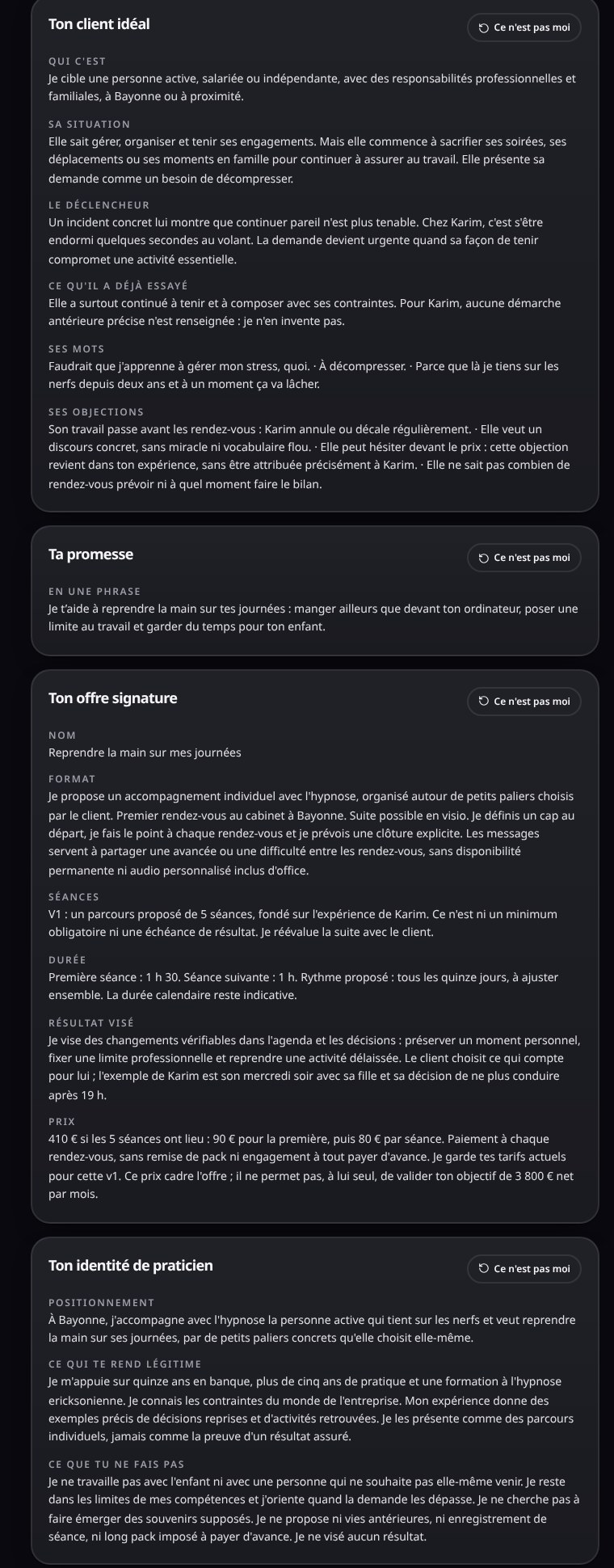 Les quatre fondations générées dans l'application : client idéal, promesse, offre signature et identité de praticien