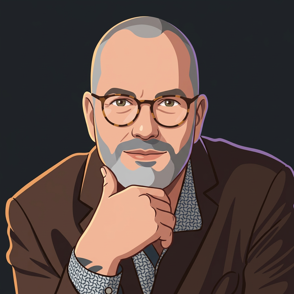 Frédéric IA — portrait illustré, pas une photo de Frédéric Barbey